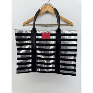 Victoria's Secret XLarge Black Metallic Horizontal Striped Tote Travel Bag Purse